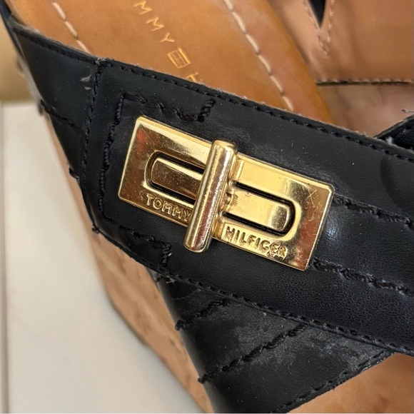 Tommy Hilfiger| Black FauxLeather ‘Mili’ Cork Wedge Sandal Shoe 4” Heel Sz 8.5 - Picture 2 of 9